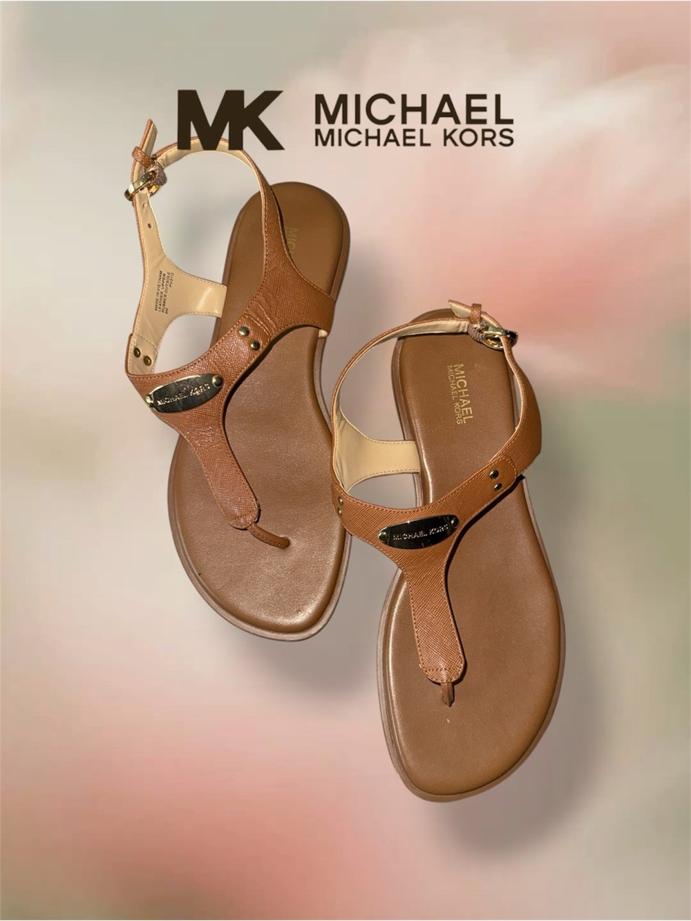 MICHAEL Michael Kors MK Plate Thong Sandals Luggage Brown Gold Plated Logo 9M